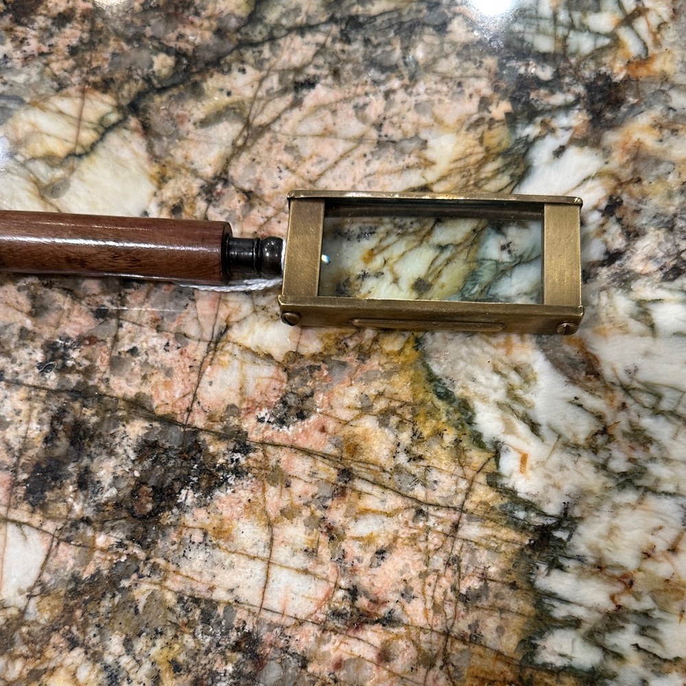 Antique-Style Brass Rectangular Magnifier with Wood Handle - Brass & Brown
